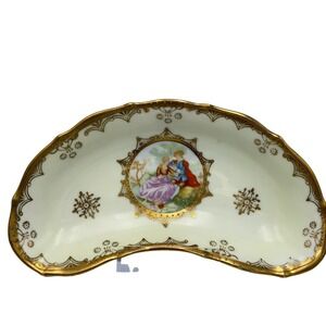 Vtg Arnart Japan Porcelain Crescent Bone Dish Courting Couple Gold Gilt Trinket‎